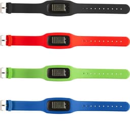 A set of ABS pedometers in black, red, green, and blue with digital displays and adjustable straps.