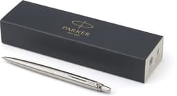 A silver Parker Jotter ballpen beside its black box, featuring branding on the packaging.