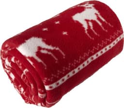 A rolled polar fleece blanket in red with white reindeer and star patterns. Soft and cosy design for home use.
