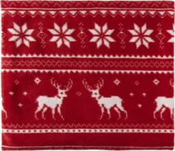 A red polar fleece blanket featuring white reindeer and snowflake patterns. Includes a branding logo.