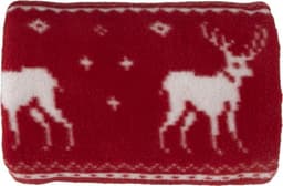 A red polar fleece blanket featuring white reindeer and star patterns, showcasing a cozy design.