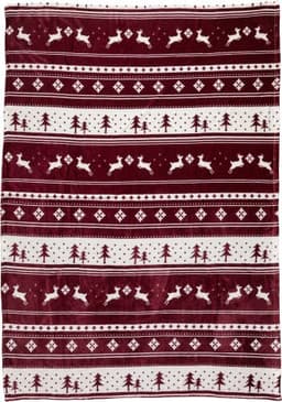 A maroon and cream polyester blanket featuring a festive design with deer, trees, and geometric patterns. It has a logo.