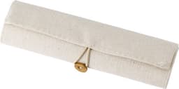 A cream-coloured linen drawing set roll, secured with a wooden button, featuring a textured fabric surface.
