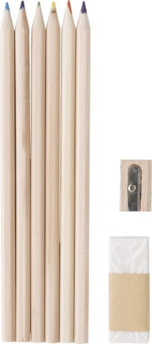 A set of six wooden colouring pencils in various colours, accompanied by a sharpener and an eraser.