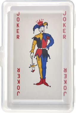 A white playing card case featuring a colourful joker illustration on the front, with text around the image.