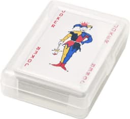 A transparent case containing a deck of playing cards, featuring a colourful joker design on the top.