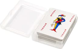A transparent case containing a deck of playing cards, featuring a joker card in vibrant colours.