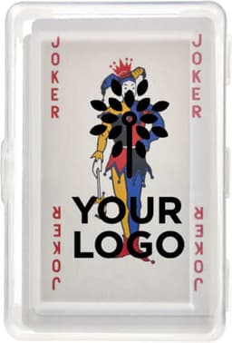 A clear case containing playing cards with a joker design, featuring a logo on the front.