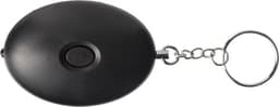 A black ABS personal alarm with a keychain attachment and a button.