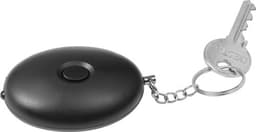 A black personal alarm attached to a keychain, featuring a round, compact design and a button on the surface.