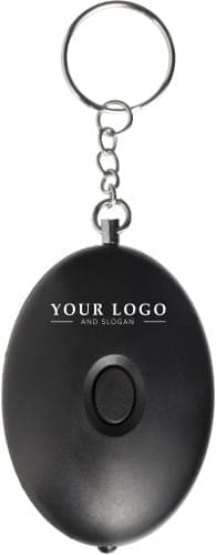 A black personal alarm with a keychain attachment, featuring a button and a logo.