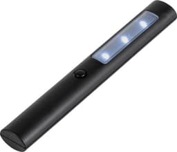 A sleek black work light featuring three LED bulbs and a button for activation. It has a modern, minimalist design.