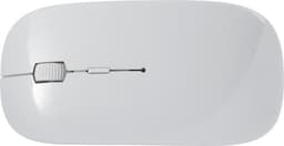 A white ABS optical mouse with a sleek design and a scroll wheel, featuring a logo on the surface.