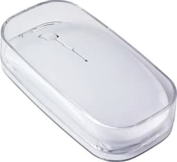 A white ABS optical mouse housed in a clear, rectangular case, featuring a scroll wheel and minimalistic design.