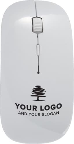 A white ABS optical mouse with a scroll wheel, featuring a logo and text on its surface.