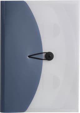 A transparent document bag with a dark blue flap and a black elastic closure, featuring a logo.