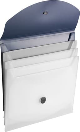 A navy PP document bag with transparent pockets, secured with a press button at the front.