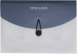 A PP document bag in clear and navy blue, featuring a button closure and an area for a logo.