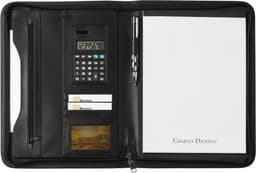 A black PU folder featuring a calculator, business card slots, and a notepad. Includes a pen and branding.