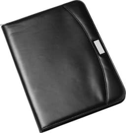 A black PU folder featuring a sleek design and a silver logo. Suitable for office use.
