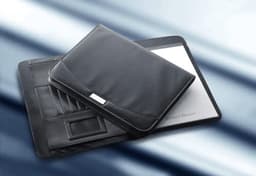 A black PU folder featuring a sleek design, with compartments for documents and a branding logo.