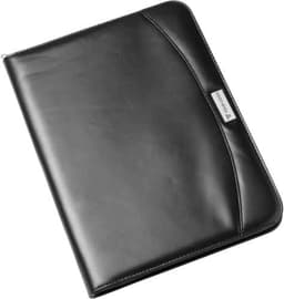 A black PU folder with a sleek design, featuring a branding logo on the front and a smooth finish.