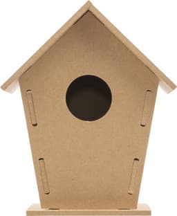 A MDF birdhouse kit in a light brown shade, featuring a front entrance hole and a sloped roof.