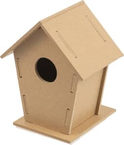 A brown MDF birdhouse kit with a slanted roof and a circular entrance, featuring a simple, assembled design.