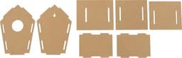 A MDF birdhouse kit with multiple brown panels, featuring cut-out sections and slots for assembly.