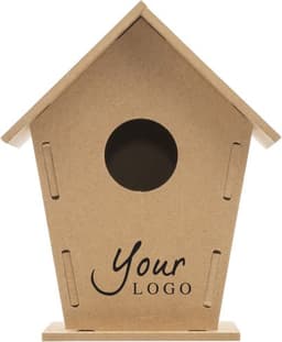 A wooden MDF birdhouse kit in a natural finish with a round entrance hole and branding space on the front.