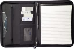A black bonded leather folder featuring a notepad, card pockets, a pen holder, and a zippered compartment.