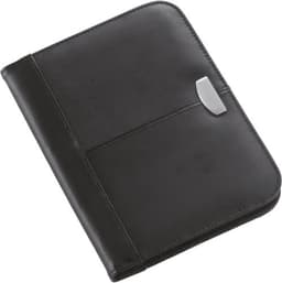 A black bonded leather folder with a silver clasp, featuring a sleek design suitable for professional use.