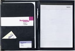 A black PU folder featuring pockets for business cards and a lined notepad with a memo section.