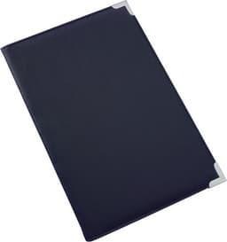 A navy PU folder with silver corner accents, featuring a logo on the front.