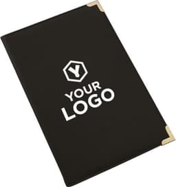 A black PU folder featuring gold corners and a logo on the front. Suitable for office use.