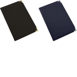 A set of two PU folders in black and navy blue, featuring corner accents. Each folder has a logo.