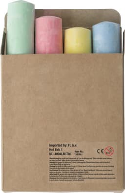 A cardboard box containing four sticks of chalk in pastel colours: green, pink, yellow, and blue.