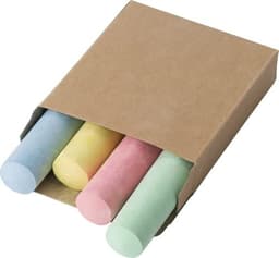 A cardboard box containing three pieces of chalk in blue, pink, and green colours.