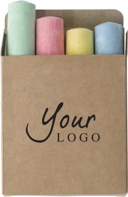 A cardboard box containing four pieces of chalk in green, pink, yellow, and blue. The box features a logo.