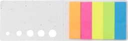 A set of sticky notes in pink, green, orange, and yellow, stored in a white, speckled folder with a logo.