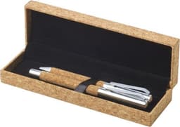 A cork writing set featuring two metal pens in a cork box with a black interior.
