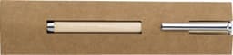 A maple wooden ballpen with a chrome tip, presented in a simple cardboard box.