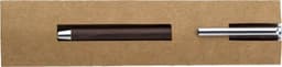 A brown ballpoint pen with a silver tip displayed in a cardboard box featuring a logo.