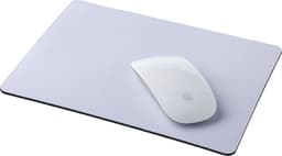 A rubber mouse mat in a light grey colour with a white wireless mouse on top. The mat features a logo.