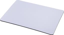 A rectangular rubber mouse mat in grey, featuring a smooth surface and black edges, with a logo on one side.