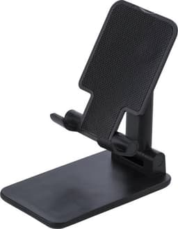 A black ABS mobile phone holder with a textured back and adjustable support. Ideal for stable phone placement.