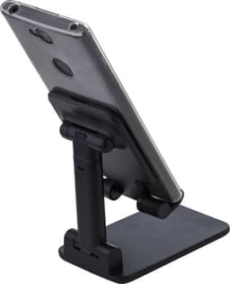 A black mobile phone holder with an adjustable stand, supporting a smartphone at an angle.