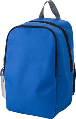 A blue cooler backpack with a zippered closure and a side pocket. It has a grey handle and features a logo.