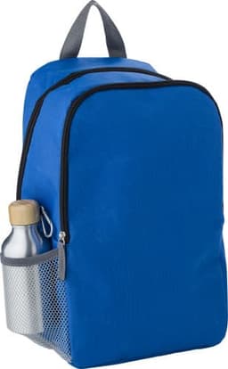 A blue polyester cooler backpack with a side pocket for a drink bottle and a logo.