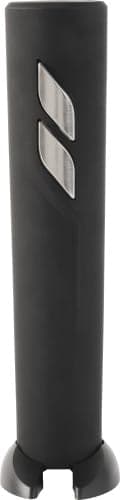 A drink bottle opener in a sleek black design with stainless steel accents and a branded logo.
